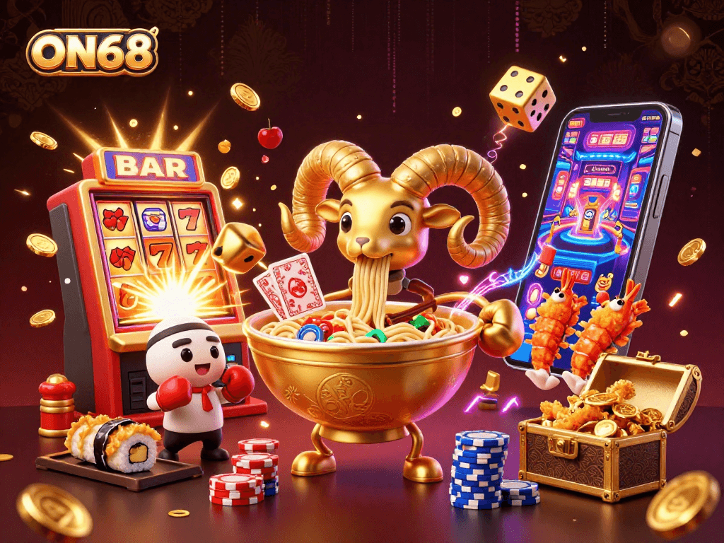 Win big at ON68 with vibrant casino action featuring a golden ramen bowl dealing cards and stacking chips.