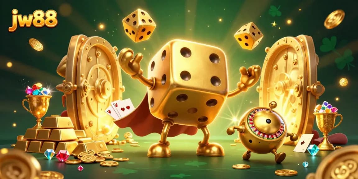 Experience the excitement of jw88 with a vibrant 3D illustration showcasing dynamic gaming elements and golden treasures.