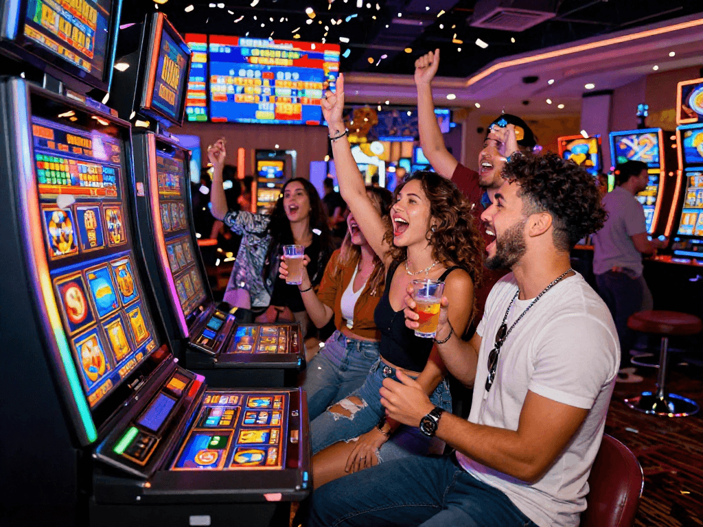 A group celebrating a slot jackpot win in a colorful casino atmosphere with vibrant lights and confetti.