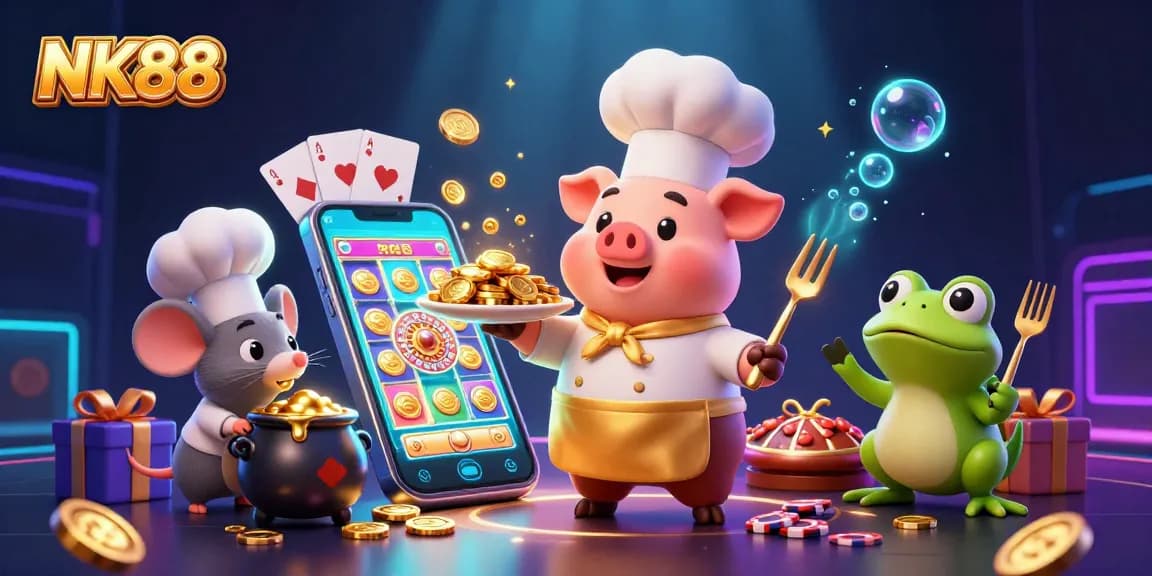 Watch NK88's exciting online gaming adventures featuring golden coins, vibrant slots, and animated characters.