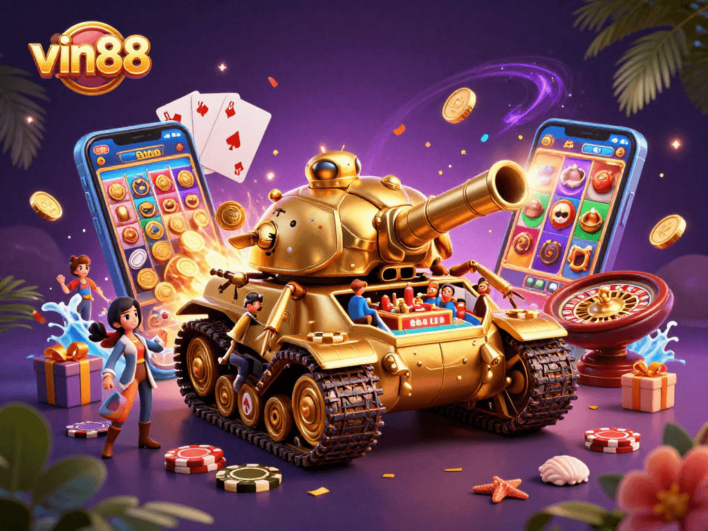 Experience thrilling games at vin88 with a vibrant 3D casino scene packed with action and excitement.