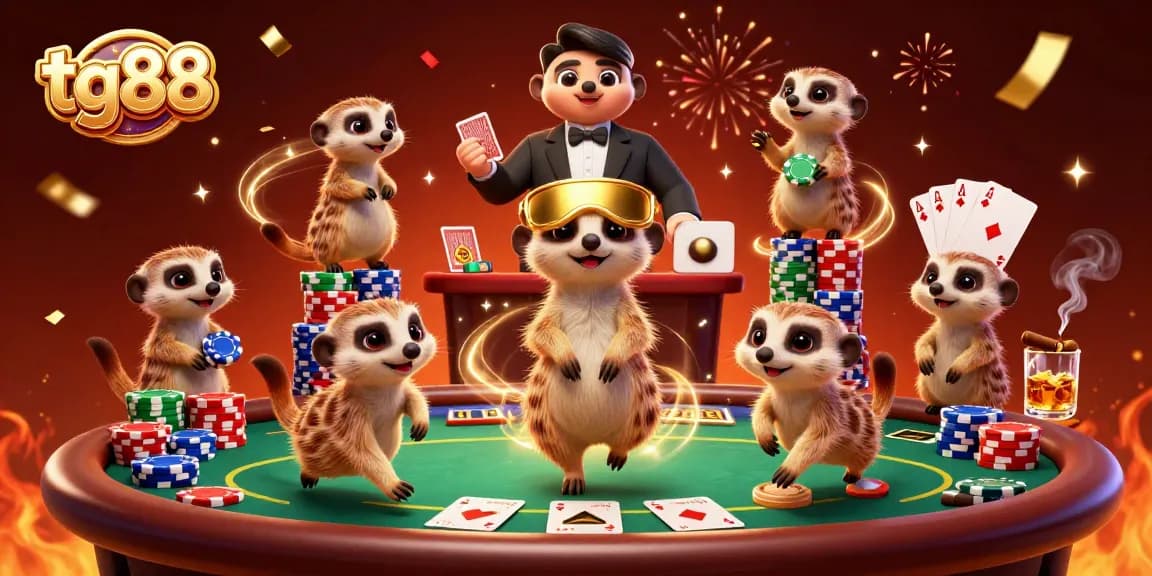 Experience tg88's lively casino atmosphere with meerkats hustling chips amidst vibrant gaming elements.