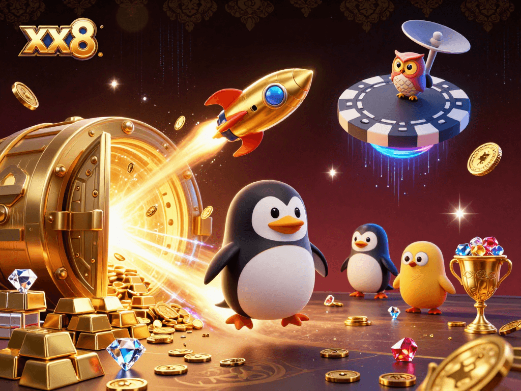 Experience the thrill of xx8 with a golden penguin and treasures galore in this animated casino scene.