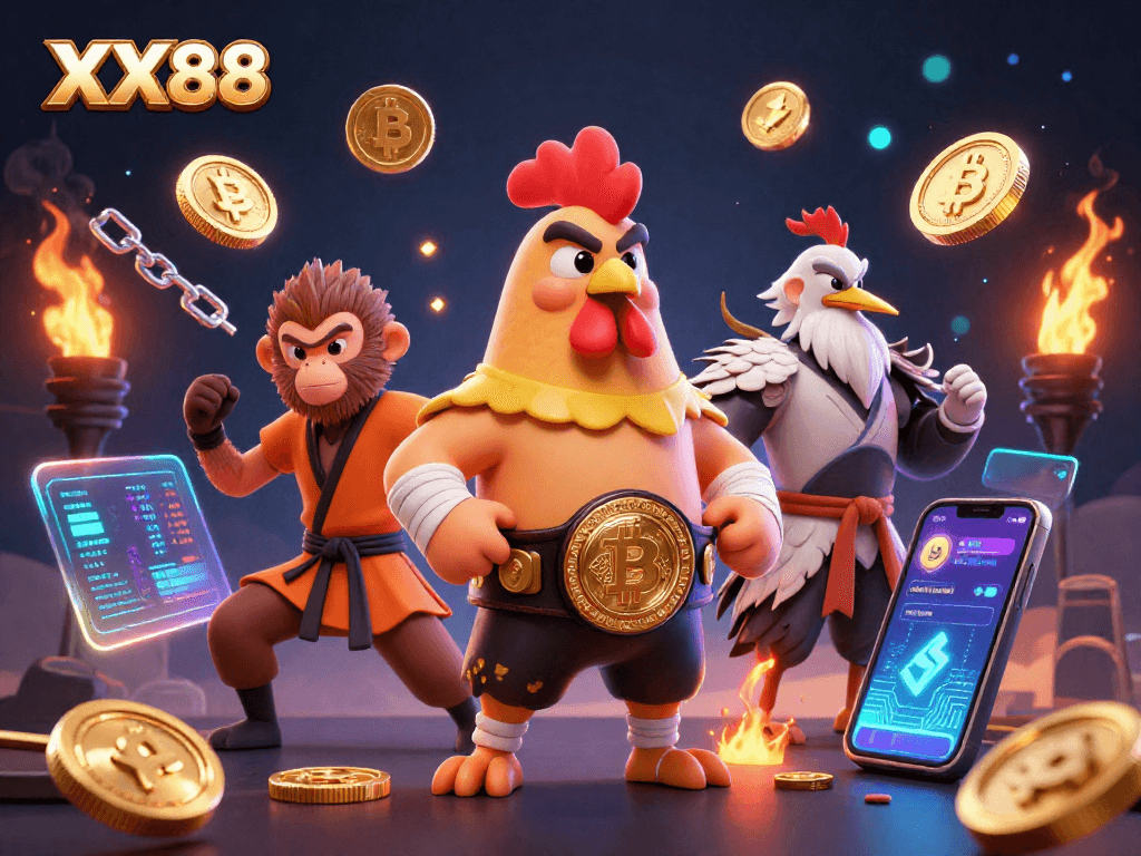 Engage in thrilling gameplay at XX88, featuring a vibrant 3D illustration with crypto elements.