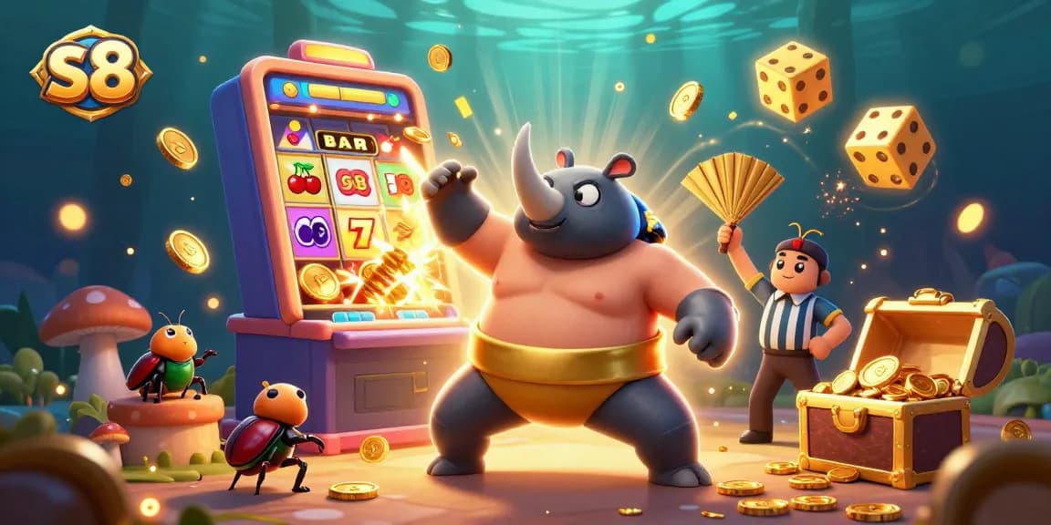S8 casino features a rhinoceros beetle champion amidst dynamic slot machine excitement and golden coins.