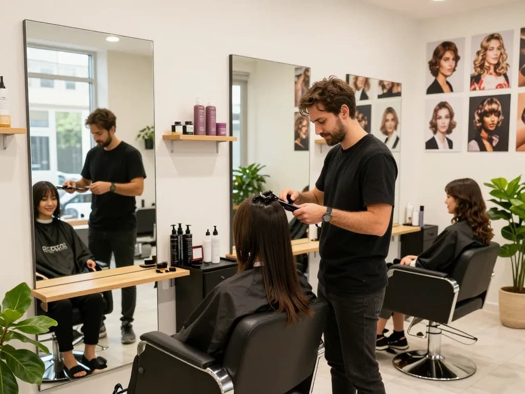 Hair salon near me featuring a skilled stylist cutting hair in a bright, welcoming interior.