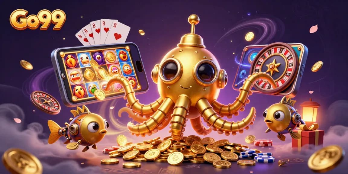 Engage with Go99's vibrant gaming scene featuring a golden kraken and mechanical fish amidst slot reels and golden coins.