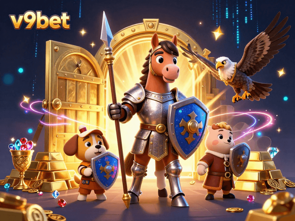 Experience excitement at v9bet with a thrilling medieval casino scene featuring knights and treasure.