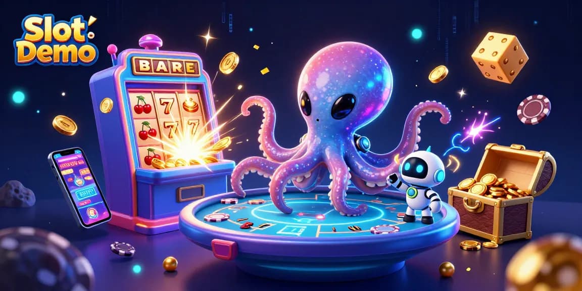 Experience thrilling Slot Demo action with a 3D alien octopus at a poker table amidst exciting casino elements.