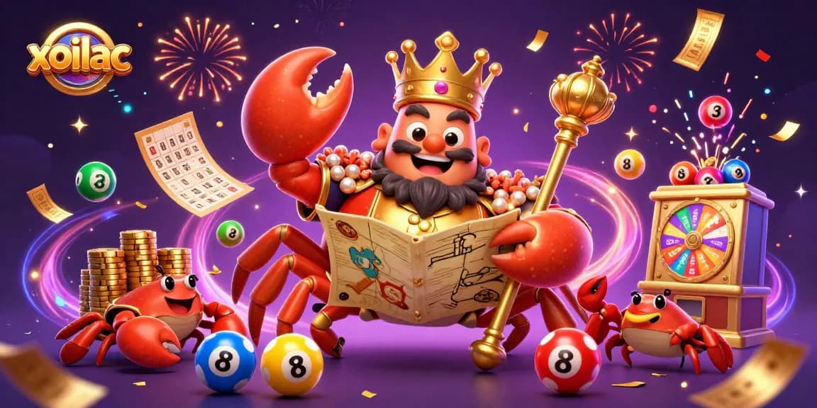 xoilac brings excitement with a golden crab emperor amidst colorful lottery action and vibrant casino elements.