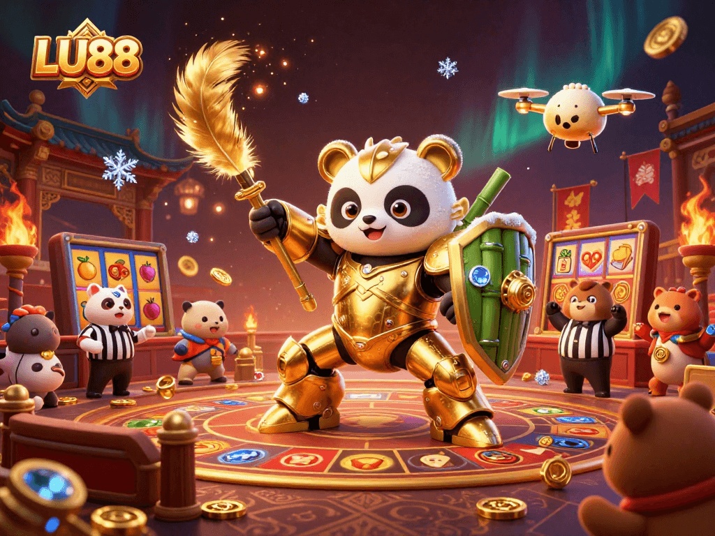 LU88 casino arena illustration featuring a golden panda mech-suit and jackpot elements.