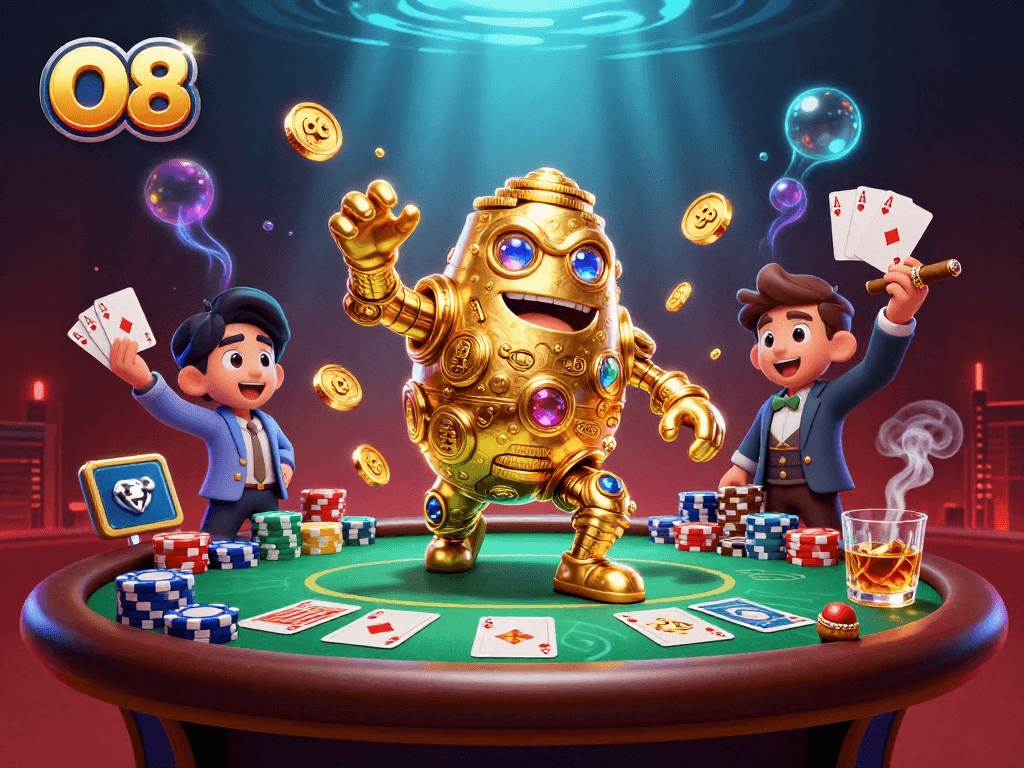 Engage with O8's vibrant 3D illustration showcasing dynamic poker action and vibrant casino elements.