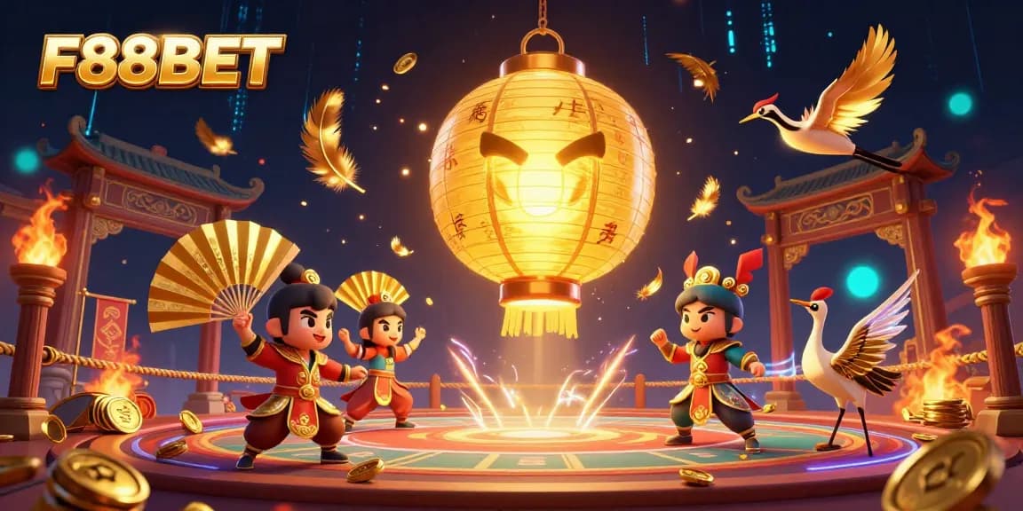 Experience the thrilling atmosphere of F88BET's casino with a glowing lantern spirit, fan warriors, and gold tokens.