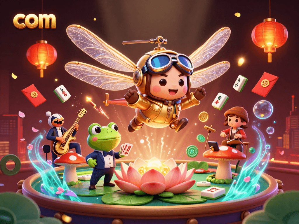 Experience lively gaming at com with a whimsical dragonfly pilot, a frog dealer, and festive casino elements.
