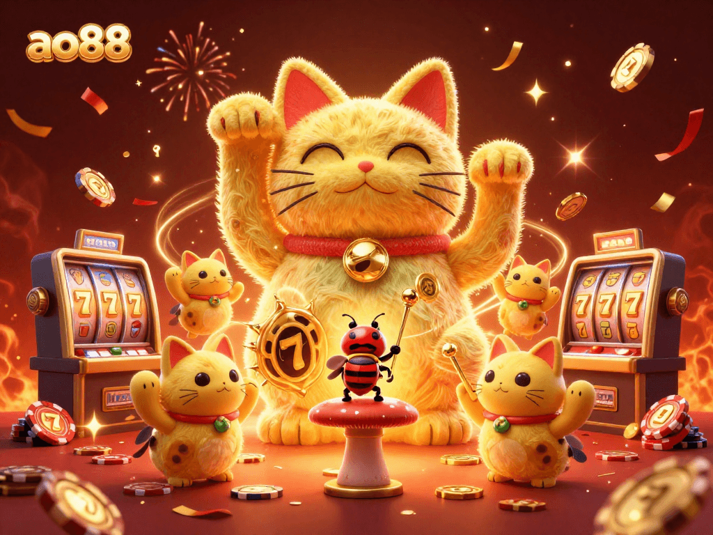 Engage with ao88's dazzling casino experience featuring a lucky cat, poker elements, and festive energy.