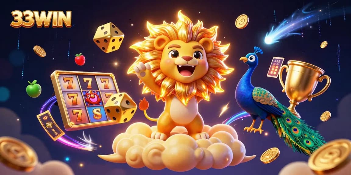 Experience thrilling wins at 33WIN with vibrant slots and casino elements in a stunning 3D scene.