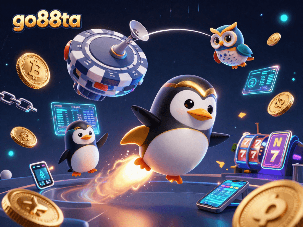 Experience go88ta with a golden penguin racing through a vibrant 3D casino space!