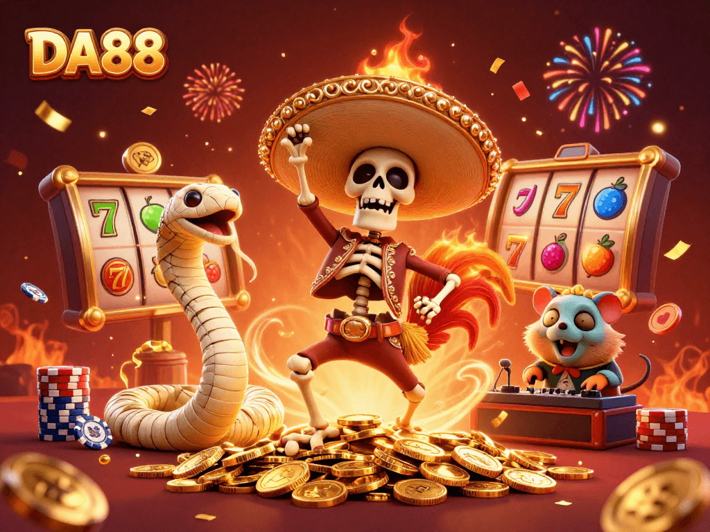 DA88 brings excitement with a vibrant 3D casino scene featuring lively characters celebrating wins.