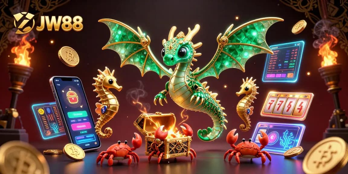 Engage with JW88's vibrant gambling adventure showcasing a majestic sea dragon amid treasures and crypto elements.