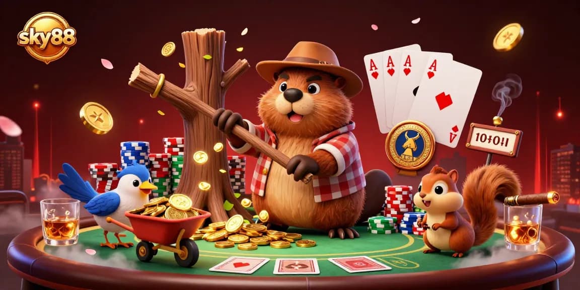 Engaging scene of sky88 with a lumberjack beaver, golden coins, and poker elements, showcasing casino excitement.