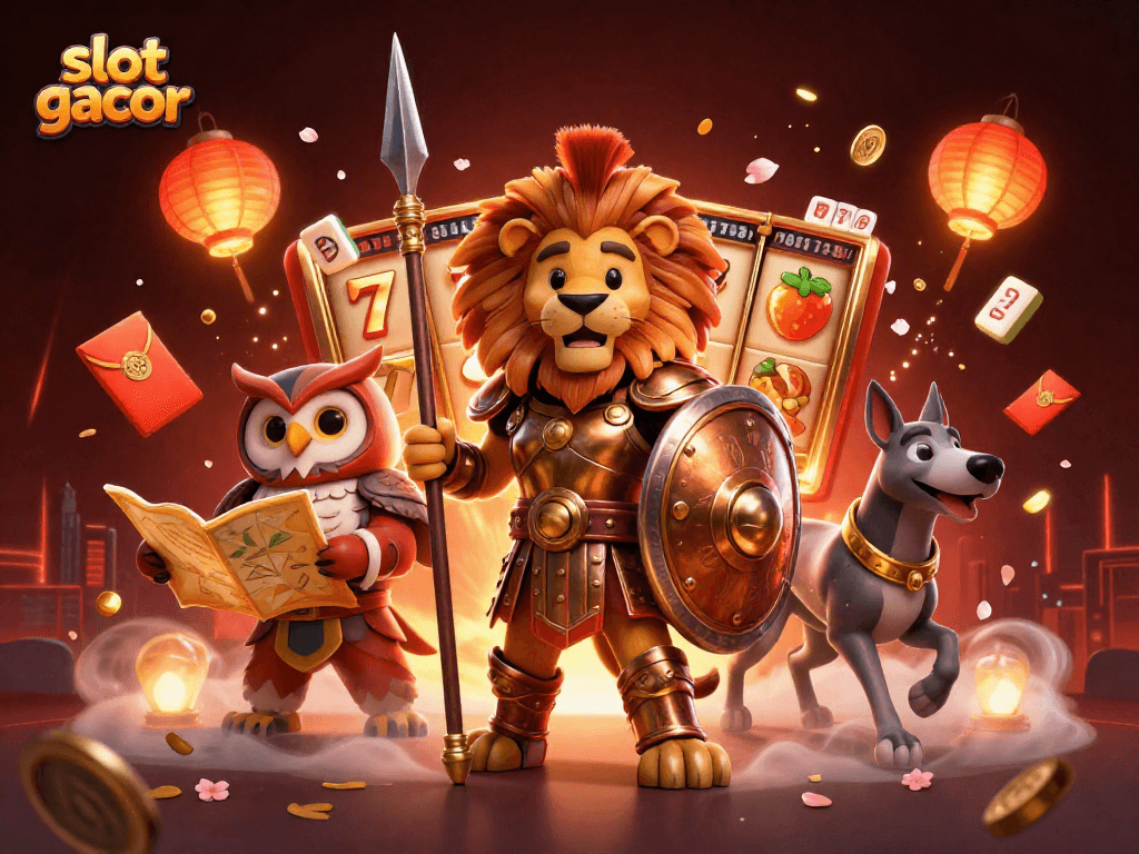 Join the adventure at slot gacor with a Spartan lion, tactical owl, and swift greyhound surrounded by festive symbols.