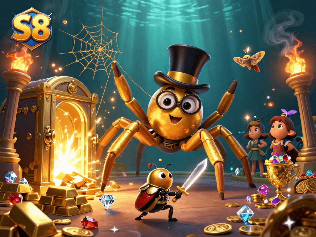 Experience the thrilling S8 golden adventure with the giant tarantula weaving wealth in this 3D illustration.