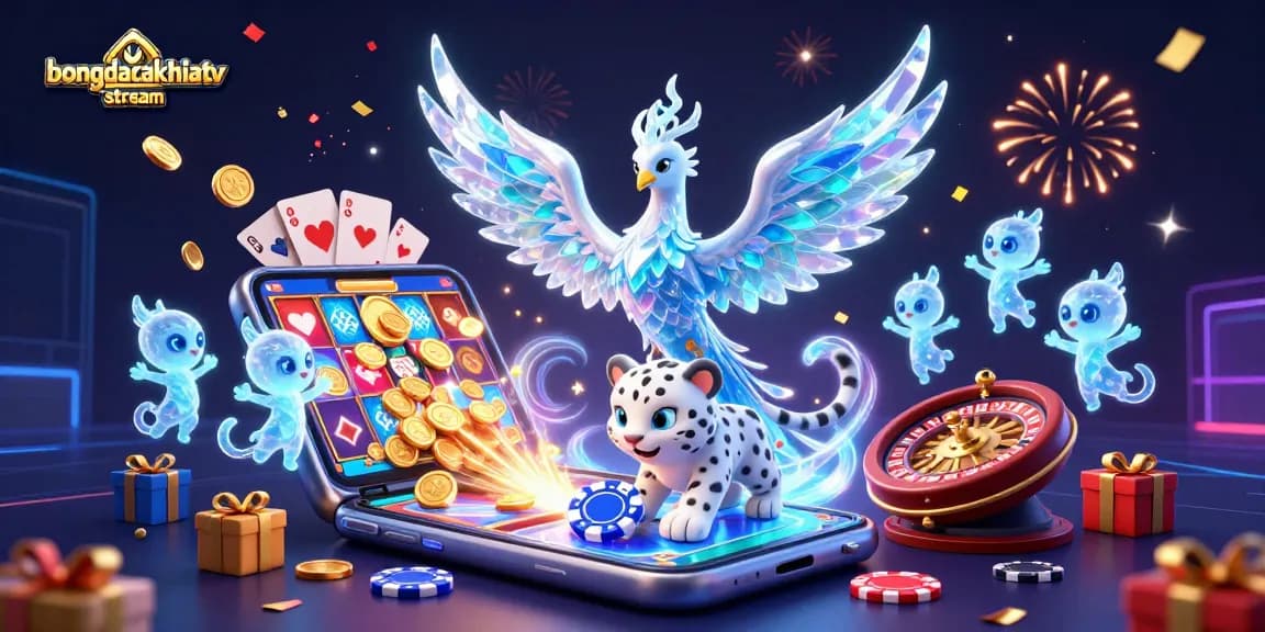 Experience the thrill of bongdacakhiatv stream with a captivating scene of an ice phoenix and lively casino elements.
