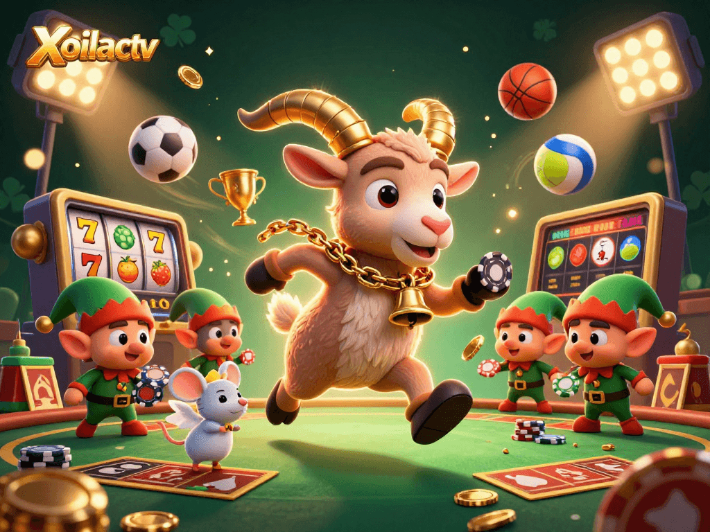 Xoilactv showcases a festive casino scene with Krampus and rogue elves, featuring vibrant slot reels.