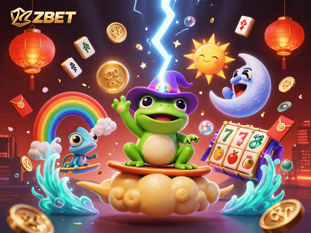 Engage with ZBET as the cartoon frog conjures golden coins in a magical casino scene.