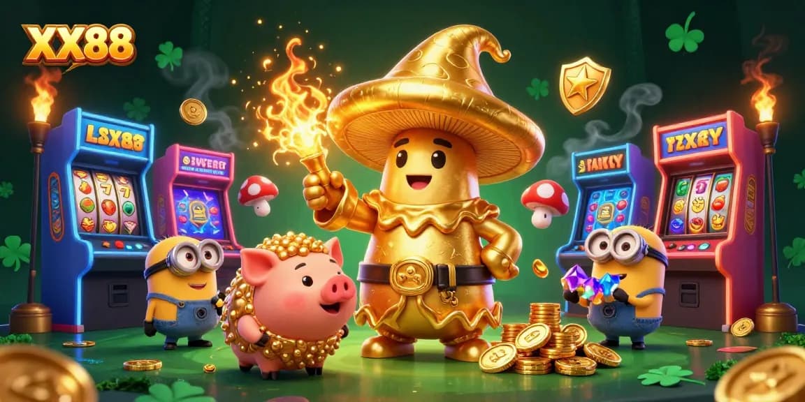 Experience the magical world of XX88 with a golden mushroom wizard, vibrant casino elements, and treasures sparking joy.