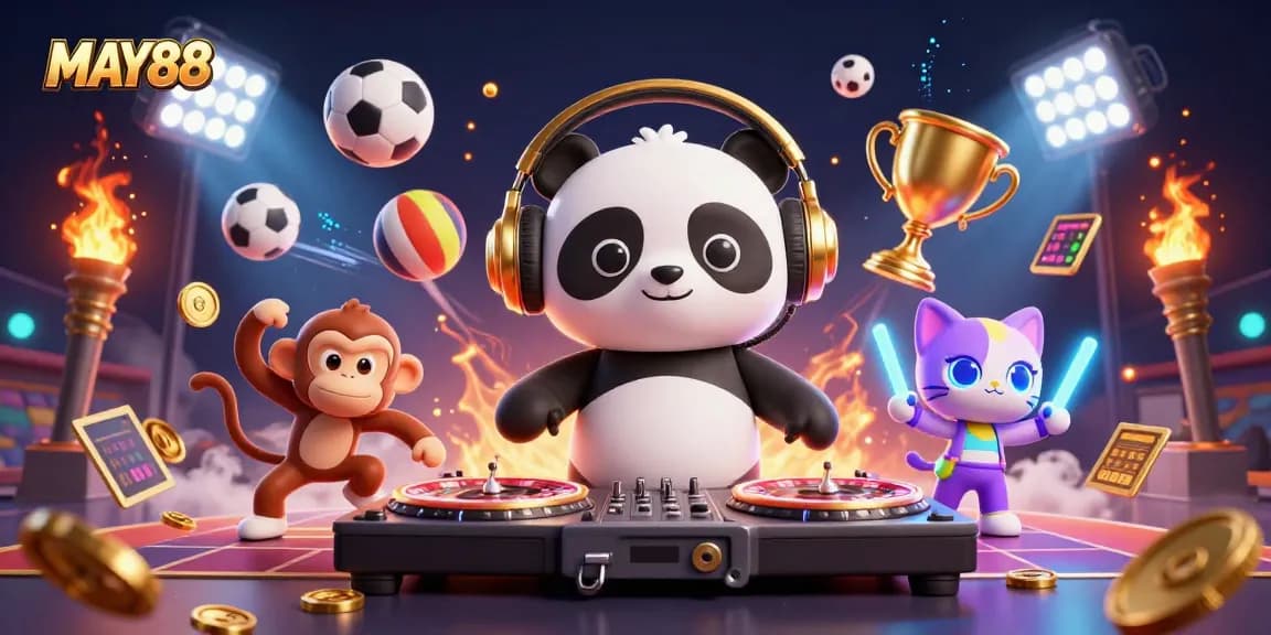 MAY88 offers thrilling casino action with a vibrant DJ panda, breakdancing monkey, and glow-stick kitten.
