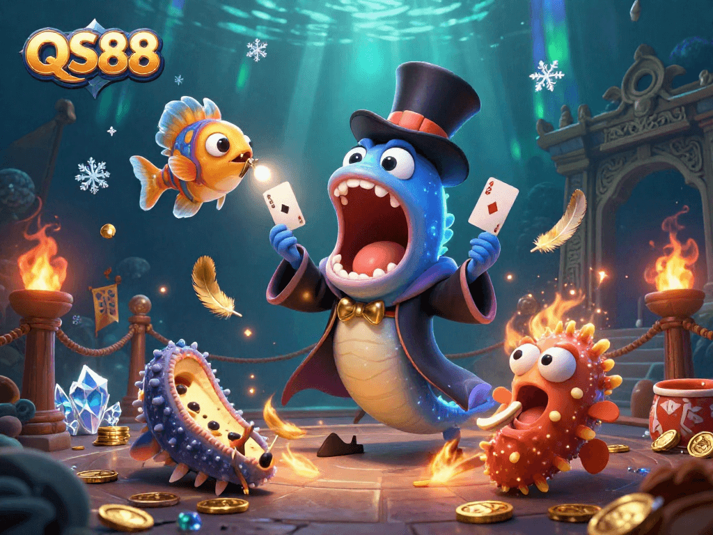 Experience the excitement of QS88 with a bioluminescent eel performing magic tricks in a vibrant casino scene.