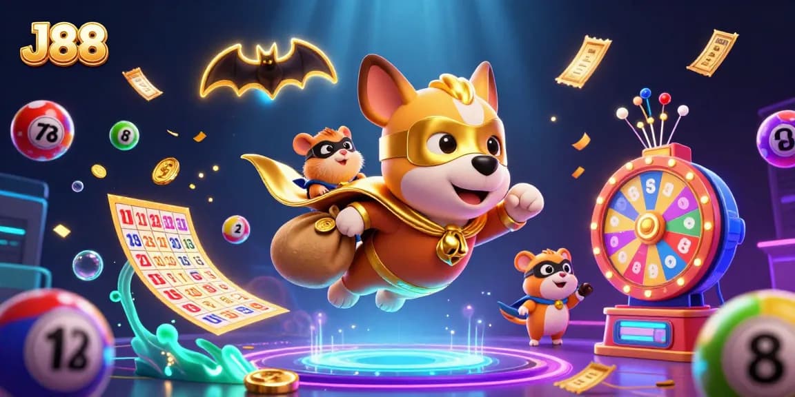 Engage with exciting J88 lottery action as a superhero dog soars amidst colorful bouncing balls and gold.