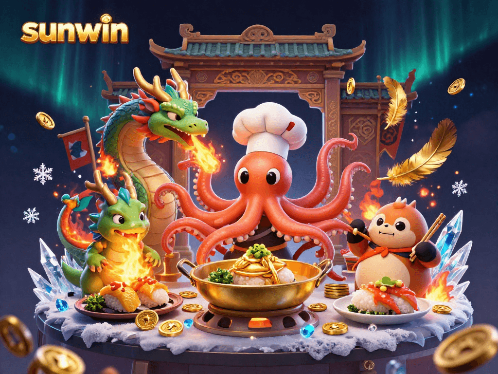 Experience thrilling action at sunwin casino with a fiery dragon and an octopus chef!