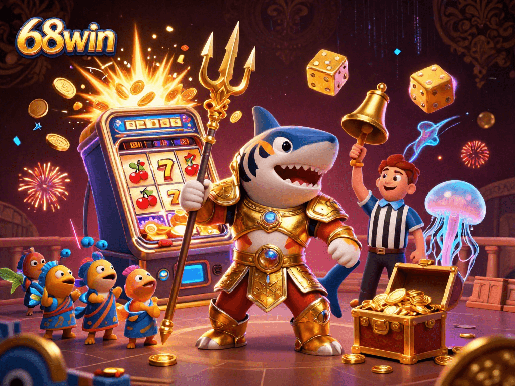 Engage with 68win's thrilling underwater casino featuring a tiger shark and vibrant elements.