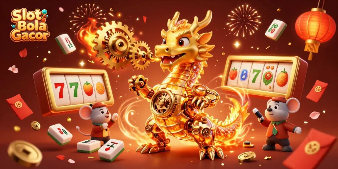 Spin to win with Slot Bola Gacor - A vibrant illustration of a golden dragon interacting with floating slot reels and celebratory elements.