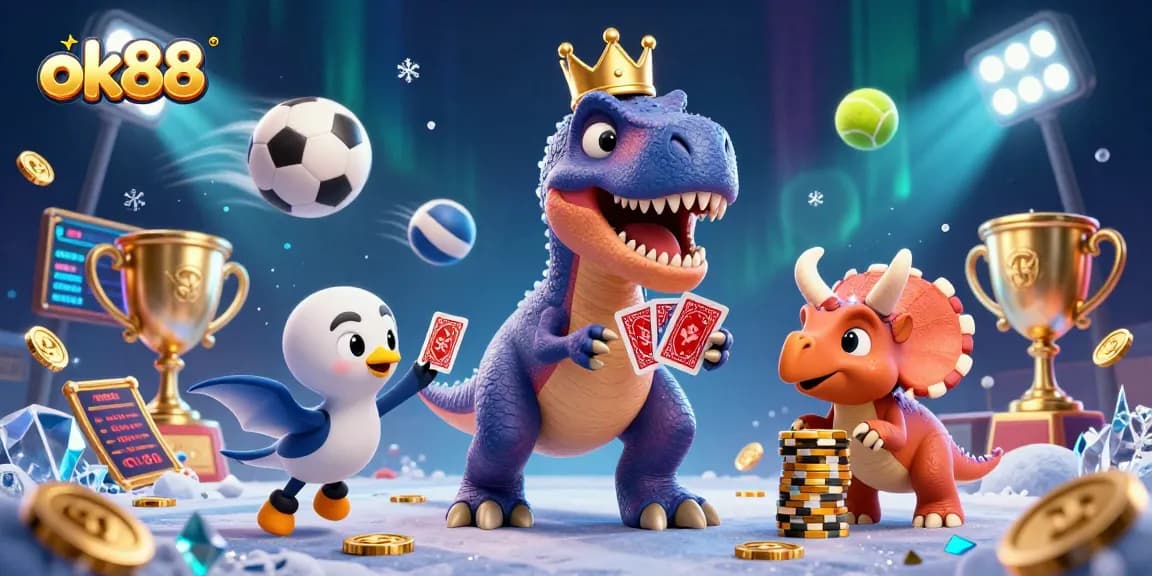 Experience the thrilling world of ok88 with a fun T-Rex and friends shuffling cards and stacking chips.