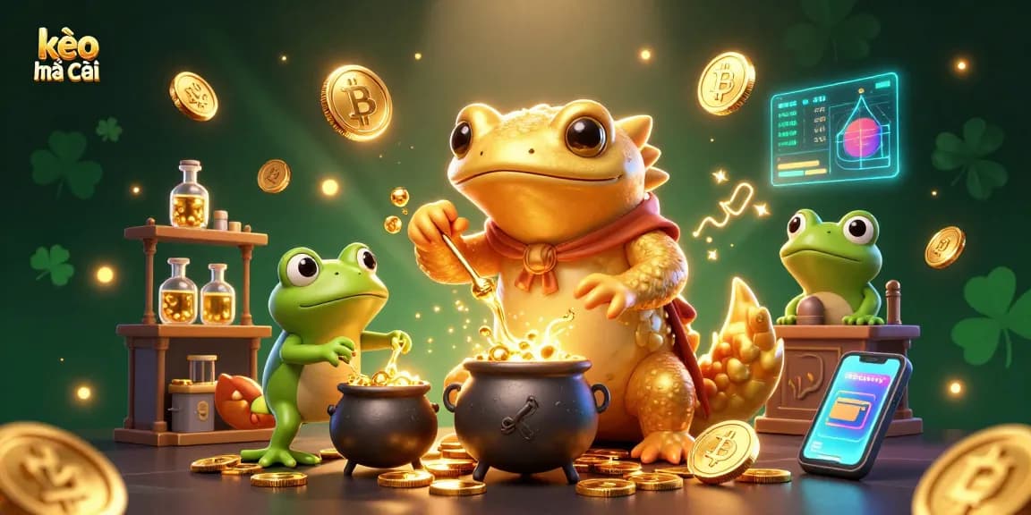 Engage with kèo nhà cái through a vibrant alchemical scene blending gold, crypto coins, and casino excitement.
