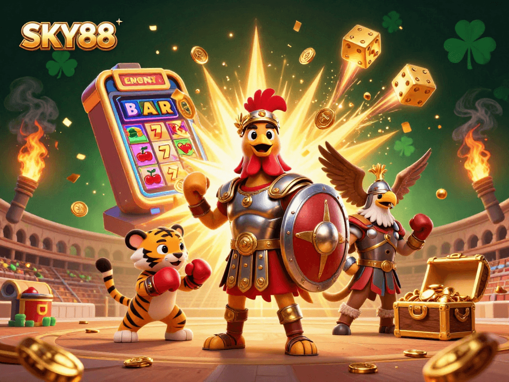Witness the exciting gameplay of SKY88 as the gladiator rooster and his companions celebrate a thrilling jackpot win.
