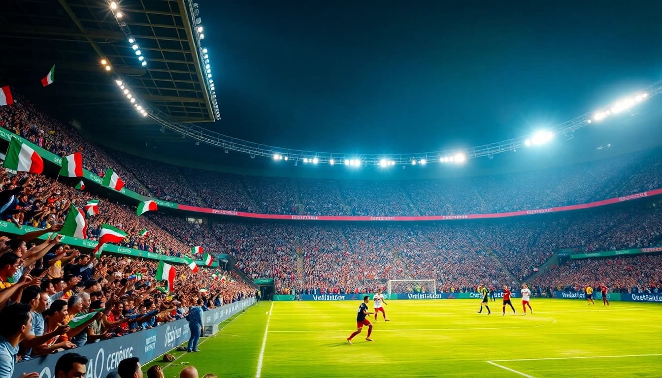 Exciting scene from a giải vô địch bóng đá ý serie a match, featuring packed stadium and cheering fans.