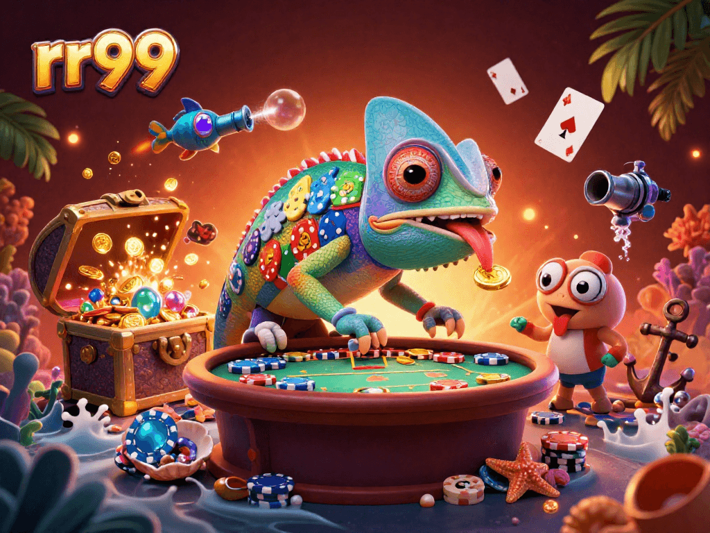 Play thrilling games at rr99 with the chameleon casino owner in a vibrant underwater scene.
