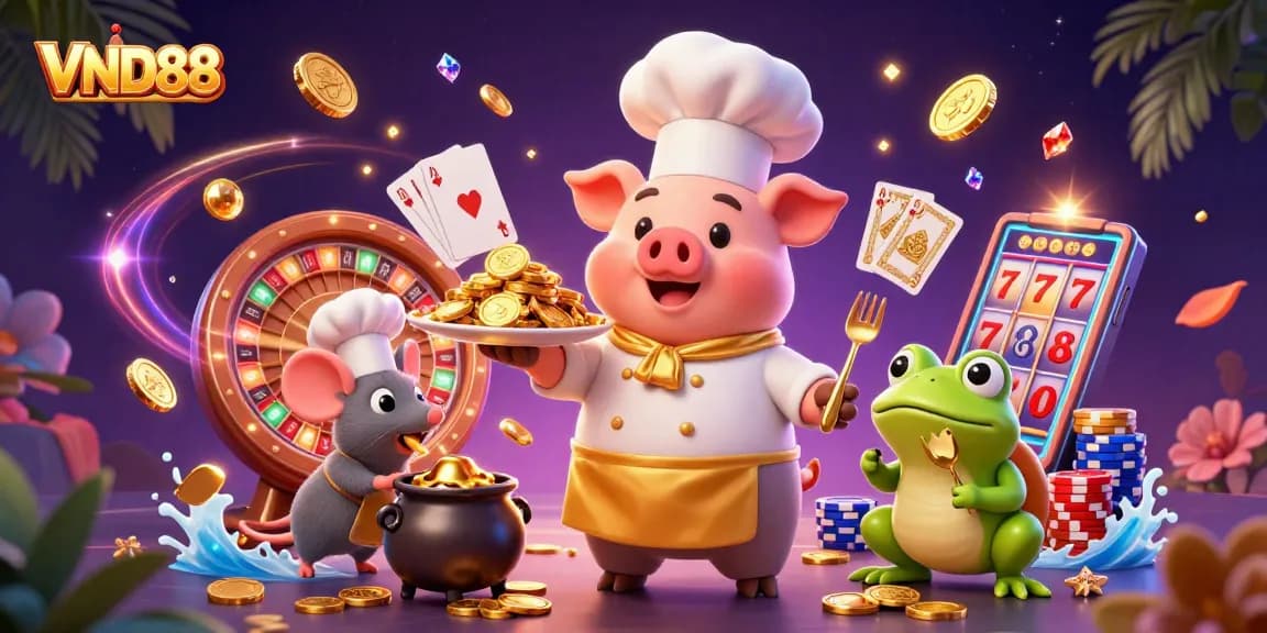 Experience the excitement of VND88 casino with vibrant characters and dynamic gold coin action.