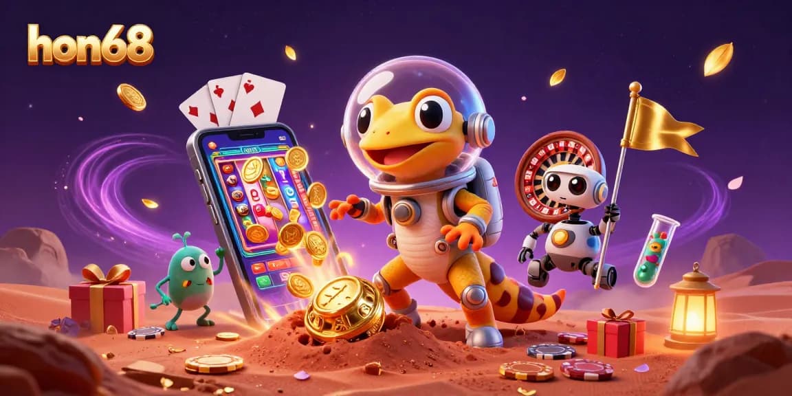 Experience the excitement of hon68 with a Martian gecko discovering a golden casino in this vibrant 3D illustration.