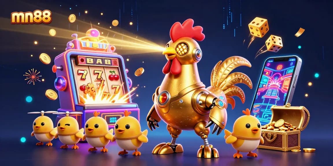 Experience the excitement at mn88 with a vibrant 3D casino illustration featuring a golden rooster robot and engaging game elements.