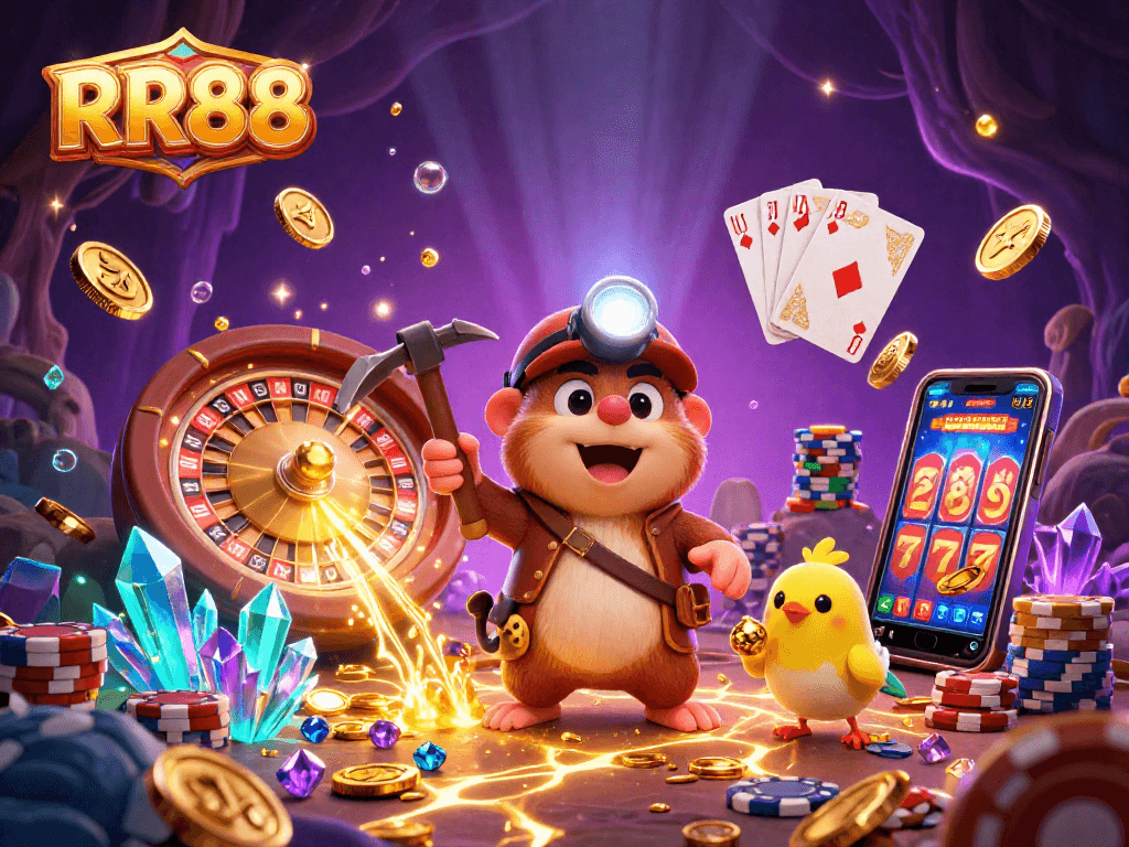 Engage with RR88 as the treasure hunter mole and canary discover gems in a vibrant casino cave.