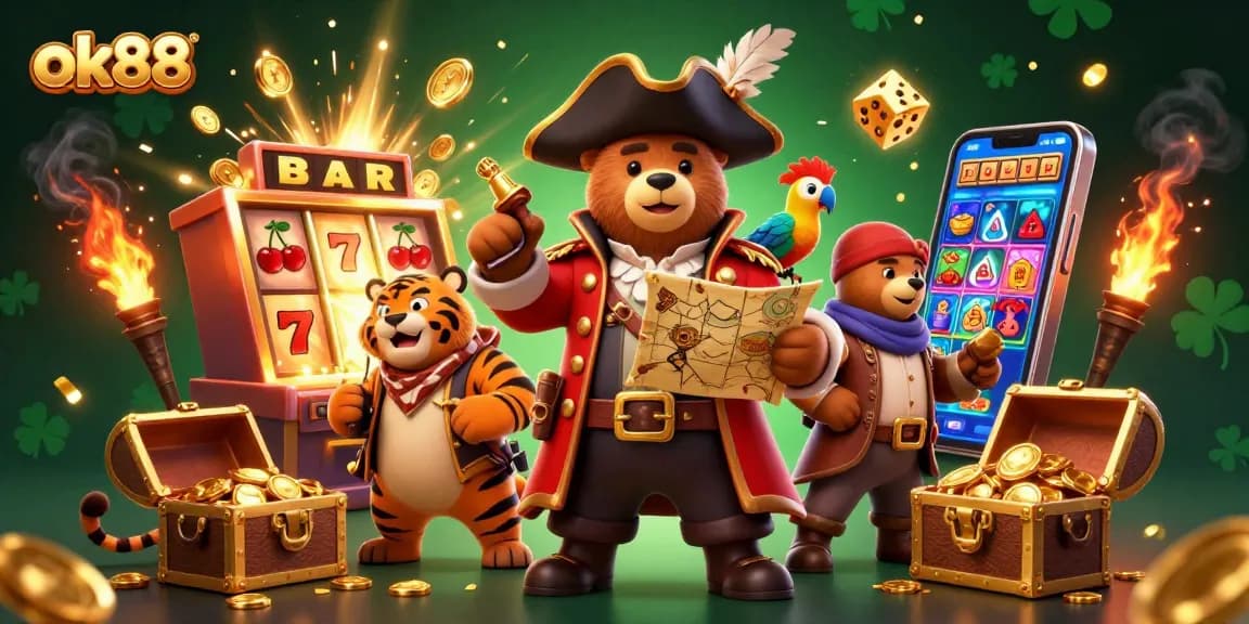 Engage with the thrill of ok88 slots alongside a pirate bear, tiger, and golden parrot.
