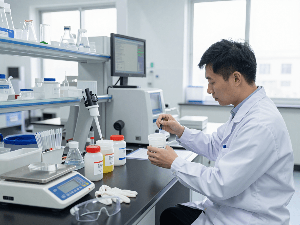 Laboratory chemicals supplier measuring high-quality chemicals in a modern lab environment.