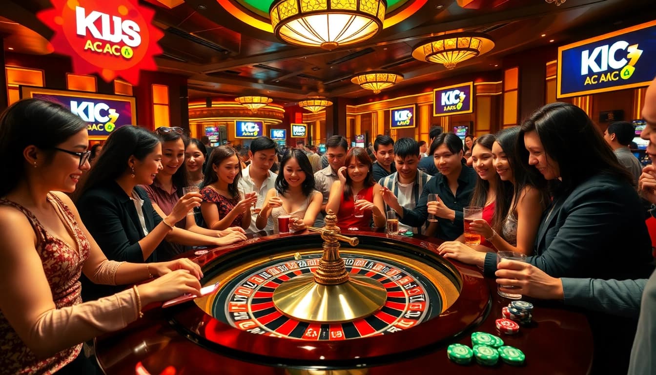 KJC AC 3 casino patrons engaging at a roulette table with vibrant chips and excitement, showcasing the thrill of gambling.