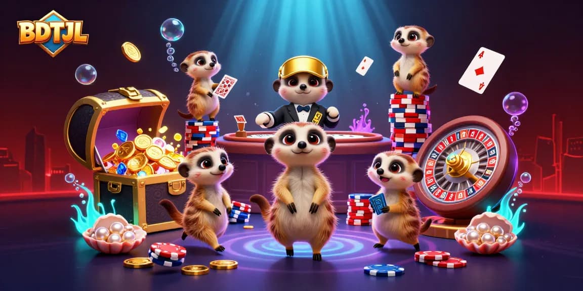 Meerkats operating a vibrant casino in an underwater theme, showcasing BDTJL and exciting gambling elements.