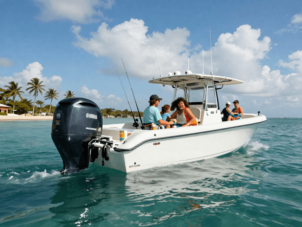 Yamaha outboard engine powering family adventure on water, showcasing outboardenginehub.com for best deals.
